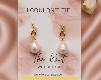 Gold Knot Pearl Drop Earrings: Elegant Wedding Jewelry, Modern Bridal Party Accessory Gift