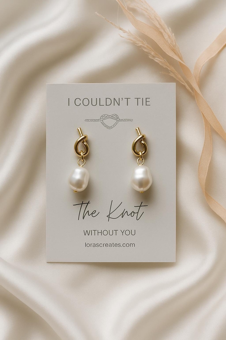 Pearl Knot Bridesmaid Earrings: Tie The Knot Wedding Jewelry, Dainty Bridal Accessory Pastel - Beige