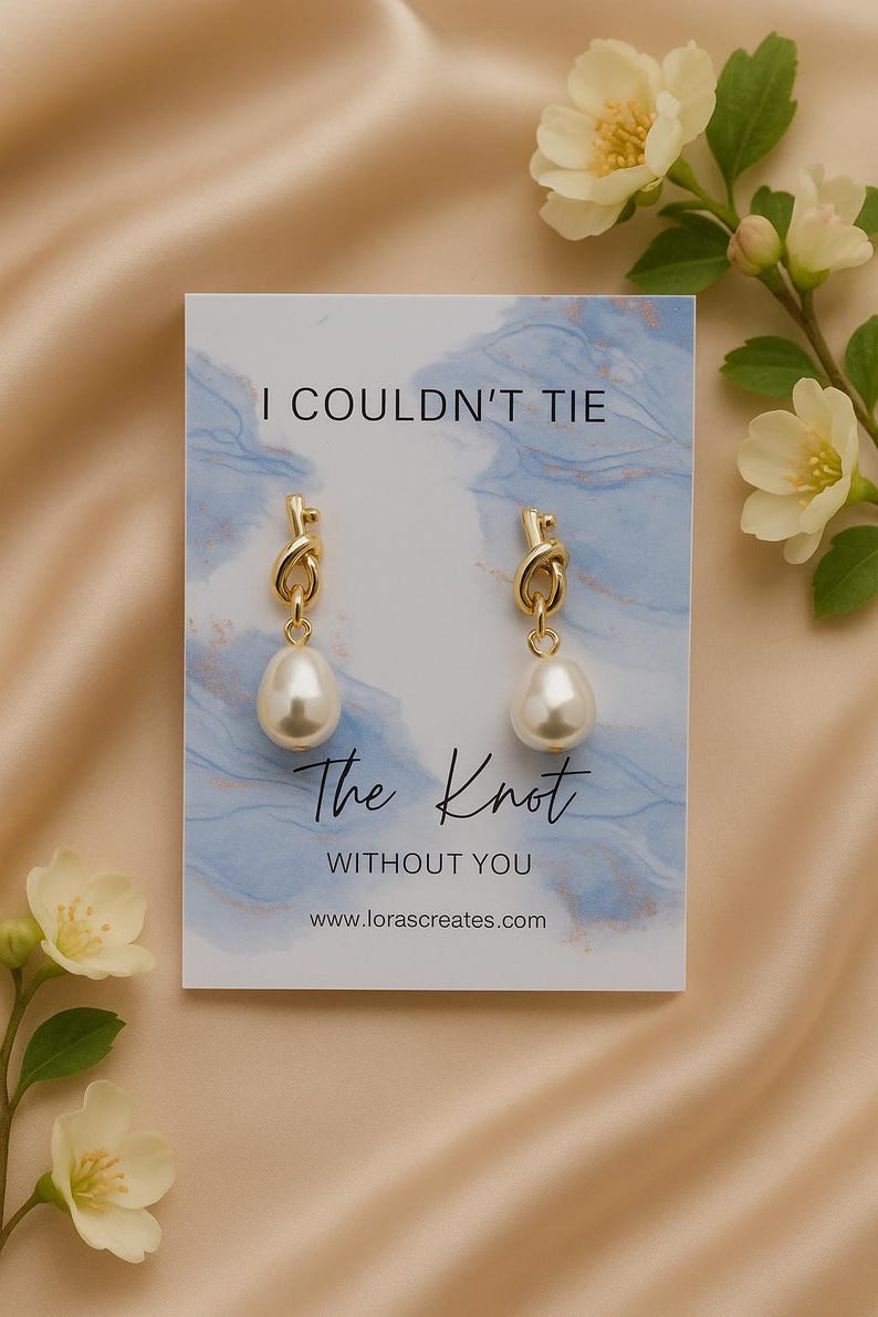 Pearl Knot Bridesmaid Earrings: Tie The Knot Wedding Jewelry, Dainty Bridal Accessory Marble - Dusty Blue