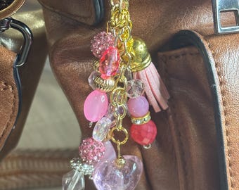 Pink and white Beaded Purse Charm, Handbag Bling, Backpack Accessory, Water Bottle Charm