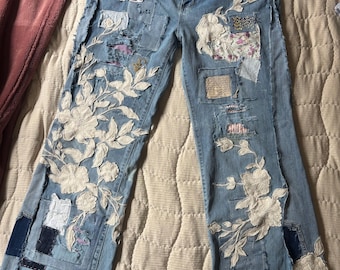 Upcycled Boho Jeans, Vintage Linen Patches, Wedding Dress Embroidery, Hand-Embroidered Wearable Art