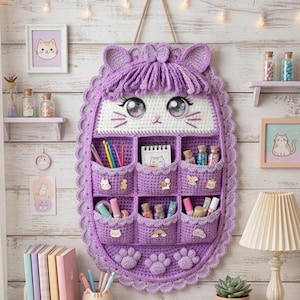 May include: A handmade, purple crochet wall organizer shaped like a cat, with multiple pockets for storage. The organizer is decorated with cat paw prints and a cat face. The desk features a cat-themed pen holder, a notebook, and a lamp.