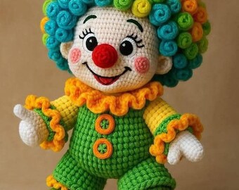 May include: A crocheted clown doll featuring a vibrant, multi-colored curly yarn wig in shades of blue, green, and orange. The doll wears a green jumpsuit with yellow ruffled trim, orange buttons, and matching green and orange shoes.
