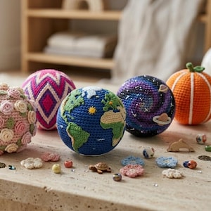 May include: A collection of handmade crochet spheres, including a yellow sun, a pink floral ball, a patterned ball, a blue Earth, a galaxy, and an orange pumpkin. Decorative elements like small flowers and charms are scattered around.