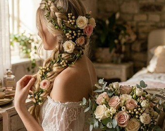 May include: A person with a braided hairstyle adorned with small white and pink roses and green foliage. The person wears an off-the-shoulder white lace garment and holds a bouquet of matching roses and greenery near a vanity mirror.
