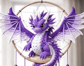 May include: A handcrafted dreamcatcher featuring a purple and white crocheted dragon with outstretched wings. The dragon sits within a wooden hoop, with hanging purple and white feathers and decorative beads. A whimsical, decorative item.