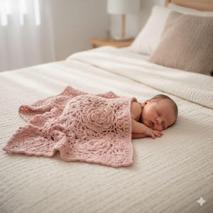 May include: A sleeping baby is nestled under a soft, pink crocheted blanket with a rose pattern. The blanket is draped over the baby on a bed with a neutral-colored comforter. The blanket's intricate design adds a touch of elegance.