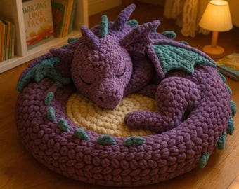 May include: A large, crocheted purple dragon curled up on a round, cream-colored mat. The dragon has teal wings and accents, with its eyes closed. The dragon is a handmade item.