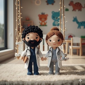 Puede incluir: Dos muñecos de médico de ganchillo, un hombre y una mujer, se dan la mano en un columpio. El muñeco masculino tiene barba negra y sostiene un bloc de notas. La muñeca femenina sostiene una bandeja con suministros médicos. Ambos visten batas blancas y estetoscopios.