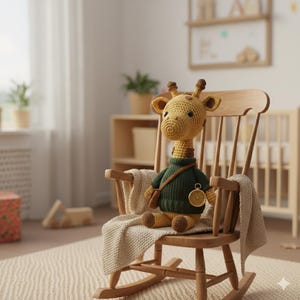 Könnte beinhalten: Eine gehäkelte Giraffenpuppe mit gelbem Körper und braunen Akzenten, die einen grünen Pullover und eine kleine braune Tasche trägt. Die Giraffe sitzt auf einem Holzschaukelstuhl mit einer cremefarbenen Decke. Die Szene spielt in einem Kinderzimmer.