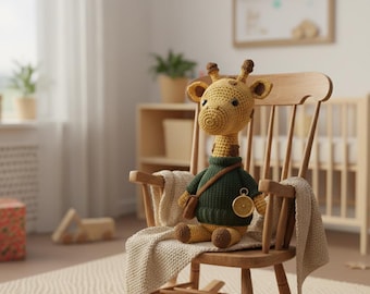 May include: A crocheted giraffe doll with a yellow body and brown accents, wearing a green sweater and a small brown satchel. The giraffe is seated on a wooden rocking chair with a cream-colored blanket draped over it. The scene is set in a nursery.