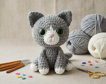 May include: A handmade gray crochet cat with white accents, large green eyes, and a pink nose. The cat is sitting, surrounded by gray and white yarn balls, crochet hooks, colorful stitch markers, and gold scissors. A craft project.