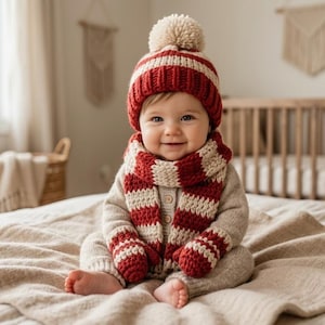 May include: A baby wearing a red and white striped knit hat, scarf, and mittens, with a matching pom-pom. The baby is also wearing a beige sweater and is sitting on a beige blanket. A crib and window are in the background.