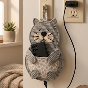 Peut inclure: Un support de téléphone en crochet gris en forme de chat avec une poche, contenant un smartphone noir. Le support est accroché au mur près d'une prise électrique, avec un câble de chargement branché sur le téléphone.