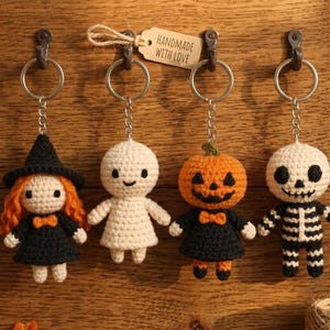 Puede incluir: Cuatro llaveros de Halloween hechos a mano con ganchillo. Los llaveros incluyen una bruja, un fantasma, una calabaza y un esqueleto. Cada figura está unida a un llavero plateado. También es visible una etiqueta que dice "HANDMADE WITH LOVE".