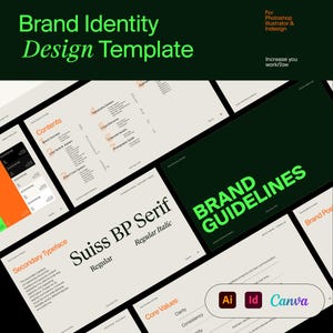 May include: A design template with the text "Brand Identity Design Template" in green. The template includes pages with headings like "Contents", "Secondary Typeface", and "Brand Guidelines". Software icons for Adobe Illustrator, InDesign, and Canva are visible.
