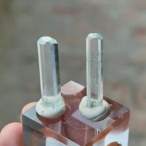 以下が含まれることがあります： 透明で明るい青色の2つの結晶標本が、透明な正方形の台座に展示されています。結晶は直立しており、円筒形で、上部には面があります。台座は手で持たれており、背景はぼやけています。