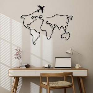 Metalen muurkunst wereldkaart | Minimalistische wereldkaart One Line Art | Metalen wandkleden | Kantoordecoratie | Slaapkamerdecoratie | Cadeau voor reizigers
