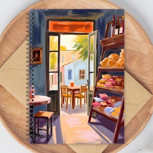 May include: Spiral-bound notebook featuring a colorful painting of a cafe scene. The artwork depicts an open doorway with tables and chairs, a bakery shelf, and a view of buildings. The notebook is on a wooden tray.