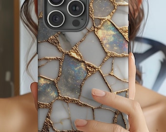 Elegante funda resistente para teléfono con mosaico de mármol blanco y dorado estilo Kintsugi, compatible con iPhone 17-11 y Samsung Galaxy S25-S21.