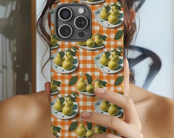 Rustic Farmhouse Kitchen Pears Orange Gingham Pattern Tough Phone Case iPhone 17-11 Samsung Galaxy s25-s21