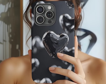 Funda resistente con diseño cyberpunk, corazones 3D, cromo negro líquido y plata para iPhone 17-11, Samsung Galaxy S25-S21