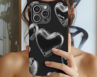 Funda resistente con diseño de corazón de metal líquido reflectante cibernético, moderna y vanguardista, para iPhone 17-11, Samsung Galaxy S25-S21