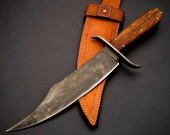 Handmade Bowie Knife: 5160 Spring Steel Blade, Rose Wood Handle, Leather Sheath