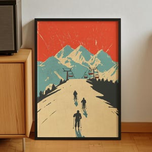 レトロなスキーリゾートアート、ヴィンテージの雪山の絵画プリント、ヴィンテージのバーカートアート、冬のウォールアート、ミニマルなホームデコレーション、山好き