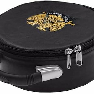 May include: Black leather storage case with a zipper closure and a handle. The case has a gold embroidered emblem with the text "Protect In Ohio" and a Masonic symbol.