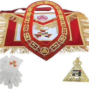 May include: A collection of Masonic regalia, including a red and gold apron with fringe, a red and gold collar, white gloves with an emblem, and a gold pendant. The items feature geometric designs and symbols.