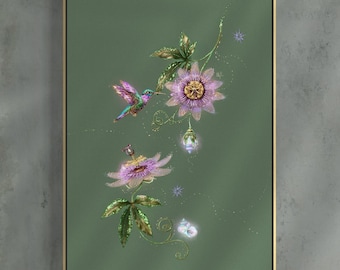 Cuadro decorativo de colibrí y flor de la pasión, ilustración botánica de la naturaleza, lámina de arte floral espiritual.