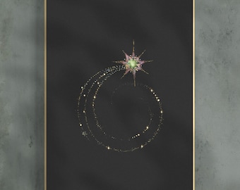 Lámina decorativa de estrella fugaz, ilustración del cielo nocturno celestial, impresión artística minimalista mágica.