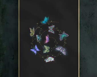 Arte mural en espiral de mariposa, ilustración de transformación espiritual, lámina de arte mágico de la naturaleza.