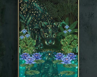 Arte mural de la jungla de la pantera espiritual, ilustración mística de la vida salvaje