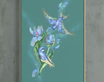 Cuadro de golondrina y tulipán, lámina botánica de primavera, ilustración de naturaleza espiritual.