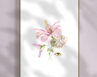 Cuadro decorativo de colibrí con motivos espirituales, lámina botánica de hibisco, decoración inspirada en la naturaleza costera.
