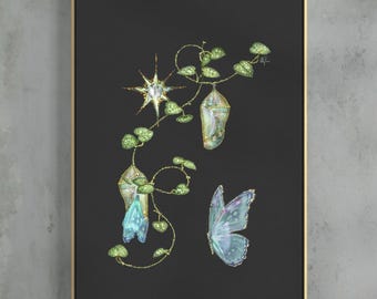Arte mural de la metamorfosis de la mariposa, lámina artística de transformación espiritual, ilustración botánica de la naturaleza.