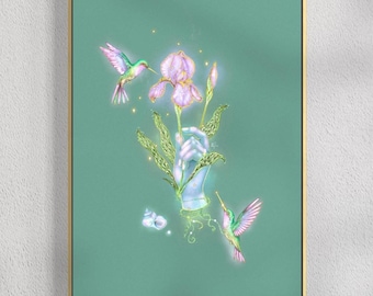 Cuadro decorativo de colibrí y flor de iris, lámina botánica vintage, ilustración de naturaleza espiritual.