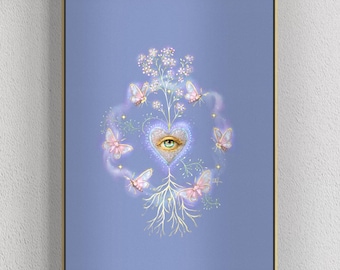 Arte mural del Ojo del Sagrado Corazón, ilustración de mariposa espiritual, lámina de arte de protección divina