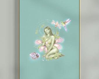 Arte mural de la Divina Feminidad, ilustración de la diosa espiritual, lámina artística sobre el amor propio y la sanación.