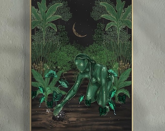 Arte mural de la Diosa de la Tierra, ilustración mística del espíritu de la naturaleza de la jungla, lámina de arte femenino espiritual.