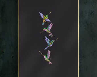 Cuadro decorativo de colibrí celestial, ilustración mágica de noche estrellada, lámina de arte espiritual.
