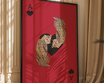Leopard Ace of Hearts Art Print - Unique Playing Card Design, Bold Red Wall Decor, Jungle Animal Artwork, Gift for Card & Wildlife Lovers