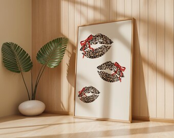 Leopard Print Lips Art Print with Red Bow Accents - Trendy and Chic Wall Decor for Fashion Lovers, Bold Statement Artwork for Any Space