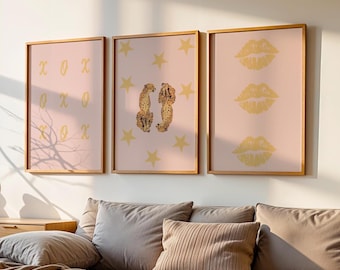 Modern Gold Wall Art - Chic Leopard, XO, Lips Prints - Trendy Minimalist Decor for Living Room, Bedroom & Office - Unique Artwork