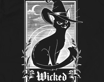 Wicked Cat Screen Printed T-Shirt: Unisex Gothic Witchy Cat Lover Gift