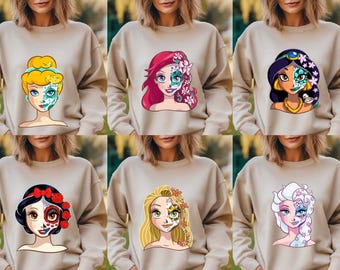 Mexican Halloween Crewneck, Matching Princess Hoodie, Halloween Disney Princess Skull Sweatshirt, Dia De Los Muertos Princess Pullover