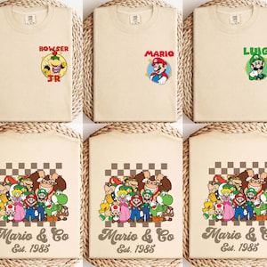 2-sided Super Mario Retro Checkered Shirt, Nintendo World Family Matching Holiday Trip Matching Tee, Super Mario Birthday Trip Gifts