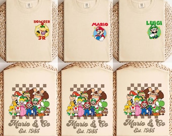 Camiseta retro a cuadros de Super Mario de doble cara, camiseta a juego para viajes familiares de Nintendo World, regalo de cumpleaños de Super Mario